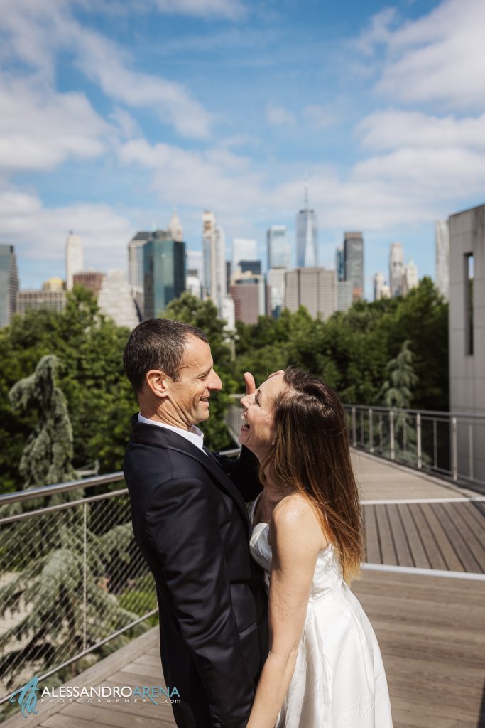 Bride and groom in Squibb Park Bridge